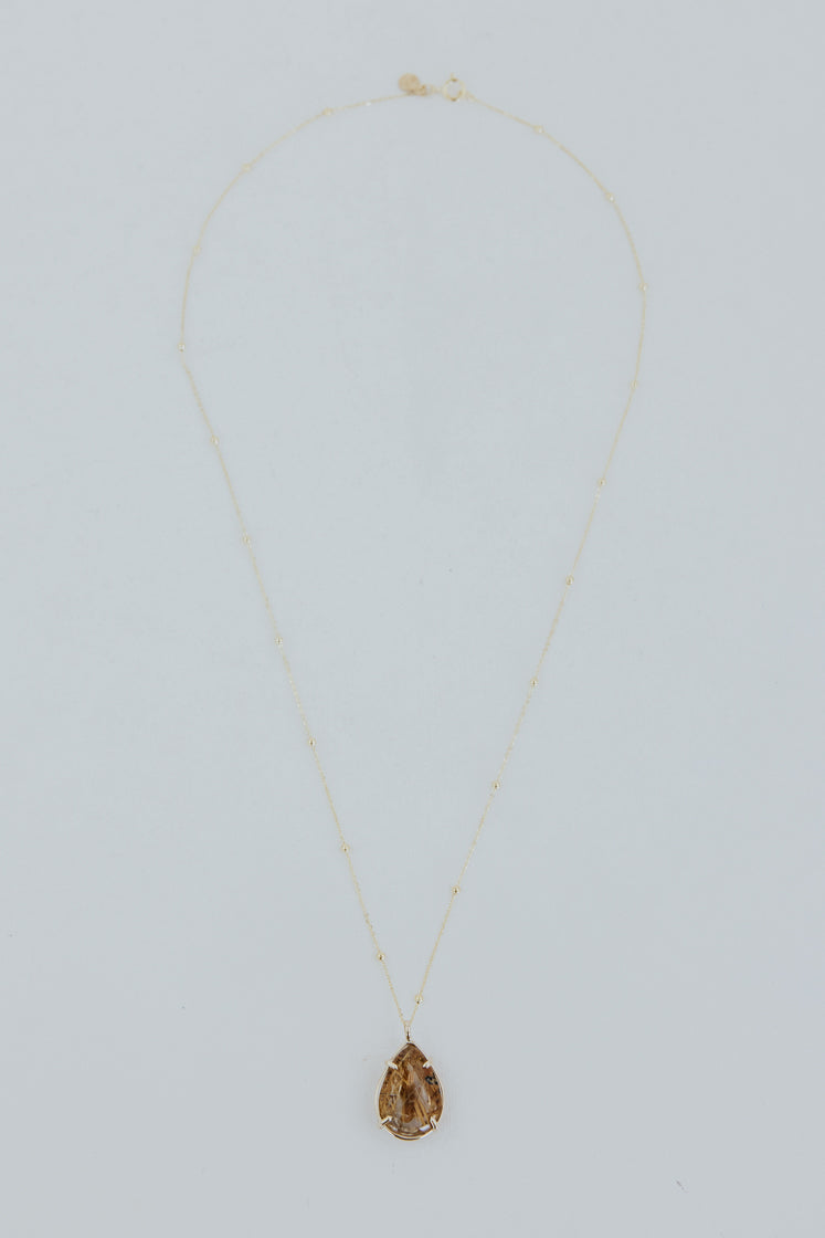 Teardrop Crystal Ball Necklace - Rutilated Quartz 14k