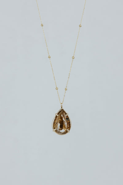 Teardrop Crystal Ball Necklace - Rutilated Quartz 14k
