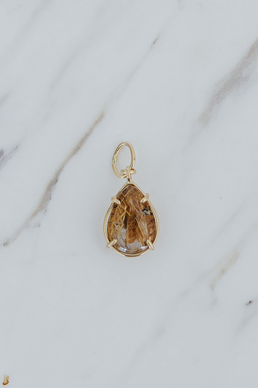 Teardrop Crystal Ball Necklace Charm - Rutilated Quartz 14k