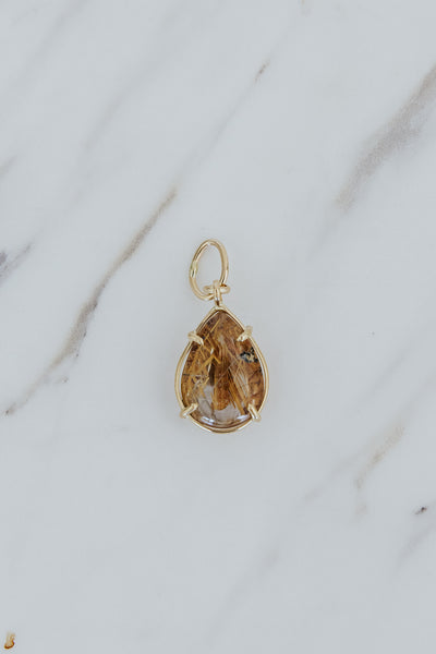Teardrop Crystal Ball Necklace Charm - Rutilated Quartz 14k