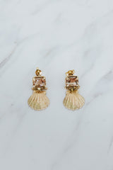 Wings Hawaii Siren Solstice Earrings with Red Schiller Sunstones and Sunrise Shells in solid 14k gold. Hinged for unique movement. Fine jewelry expertly handcrafted in Maui.  thumbnail