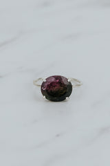 Wings Hawaii Halo ring – Watermelon Tourmaline in sterling silver. Fine jewelry handcrafted in Maui. Oval-cut gemstone, single prong-set on delicate band. Made in Hawaii gifts.  thumbnail