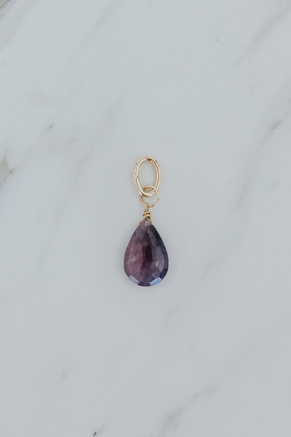 Wings Hawaii purple Sapphire necklace charm 14k yellow gold-fill. Fine jewelry handcrafted in Maui. Charm Bar collection, modern charm necklaces made in Hawaii
