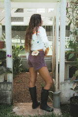 Wings Hawaii retro pocket shorts in lilac corduroy. Designed with aloha in Maui. Sustainable, small batch, women's apparel handcrafted for an island lifestyle.  thumbnail