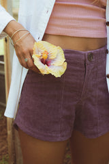 Wings Hawaii retro pocket shorts in lilac corduroy. Designed with aloha in Maui. Sustainable, small batch, women's apparel handcrafted for an island lifestyle. 
