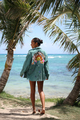 Wings Hawaii Rainbow Field Jacket. Teal blue oversized corduroy jacket with rainbow design in upcycled aloha fabric. Handmade and hand-sewn in Haiku, Maui. Perfect beach coverup or winter layer.  thumbnail