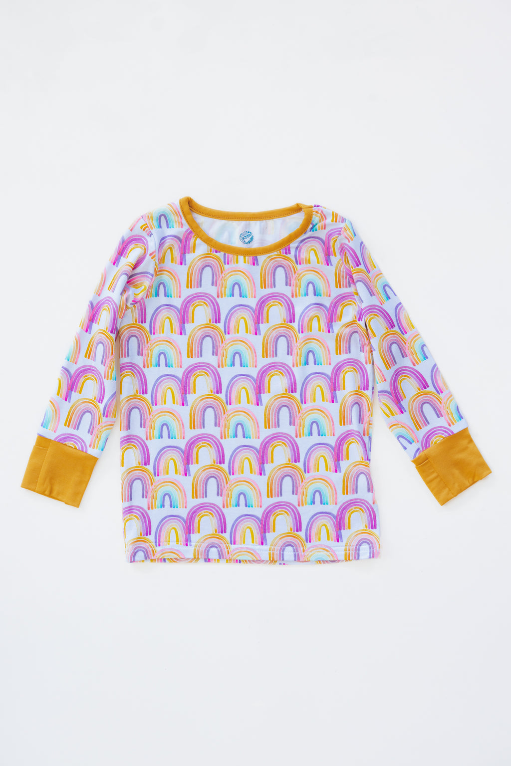 Wings Hawaii Rainbow kids pajamas set. Original artwork designed in Maui. Island style keiki gifts. Long sleeved shirt with pajama pants. Small batch, sustainable, unique children’s apparel. 