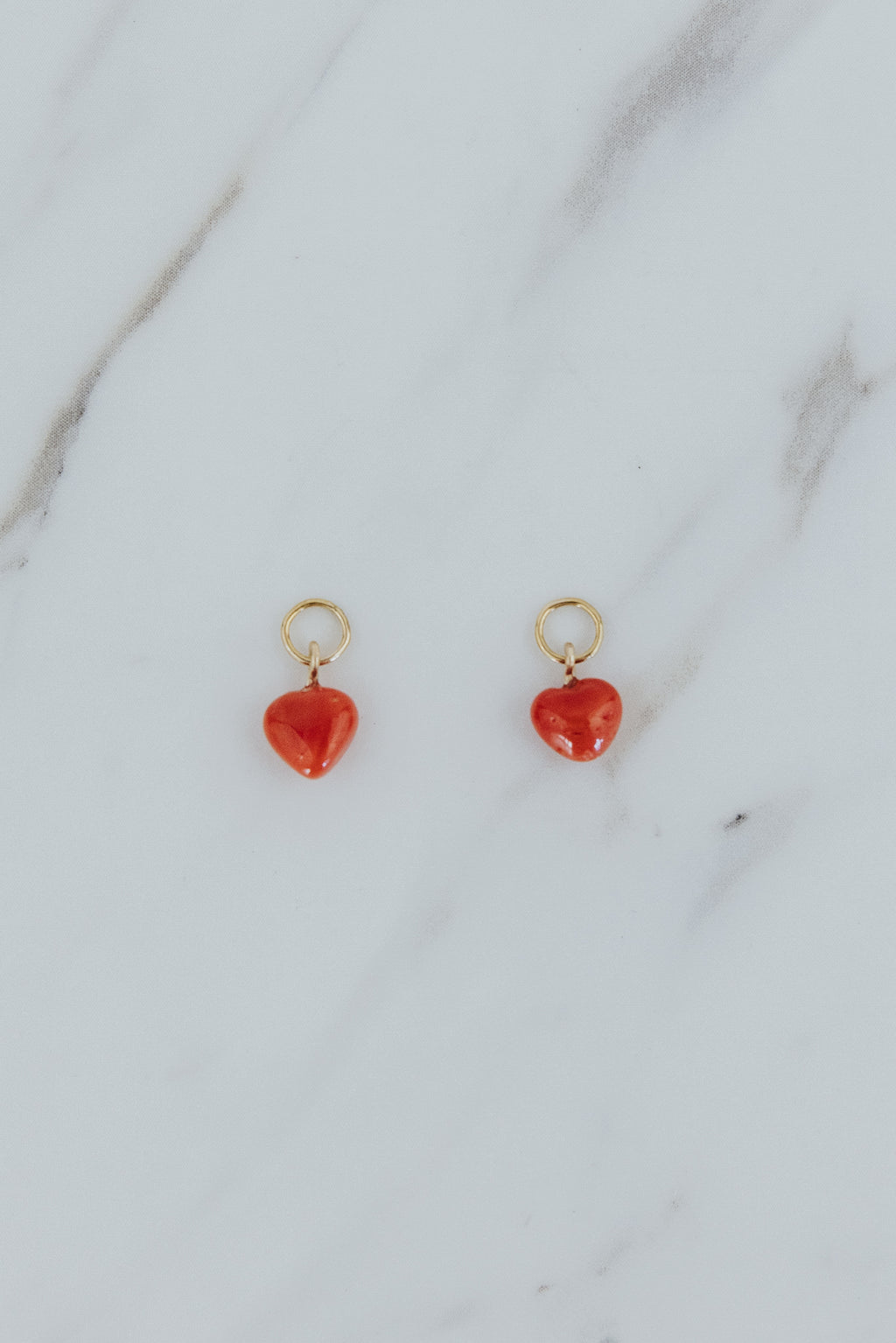 Wings Hawaii vintage red coral heart earring charms in 14k gold-filled. Fine jewelry handcrafted in Maui. Add to hoop earrings, sold separately. 