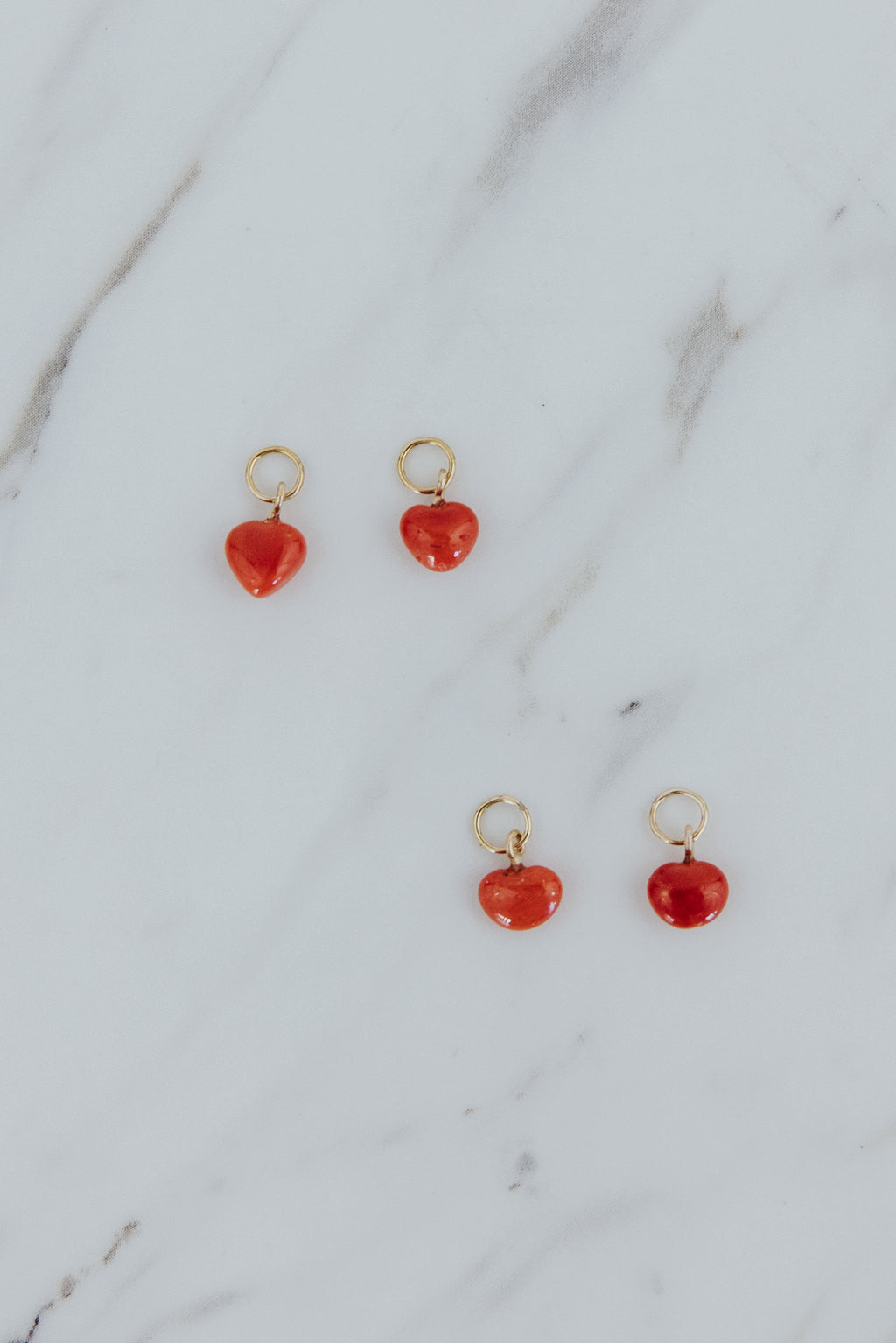 Wings Hawaii vintage red coral heart earring charms in 14k gold-filled. Fine jewelry handcrafted in Maui. Add to hoop earrings, sold separately. 