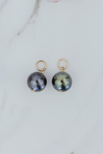 Wings Hawaii Round Tahitian Pearl earring charms in solid 14k yellow gold. Fine jewelry handmade with aloha in Maui. Made to pair with Charm Bar Mix + Match Hoop Earrings, sold separately.