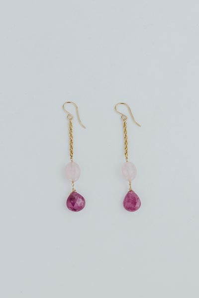 Wings Hawaii Good Karma earrings with aquamarine and ruby on gold-fill chain 