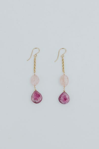 Wings Hawaii Good Karma earrings with aquamarine and ruby on gold-fill chain 