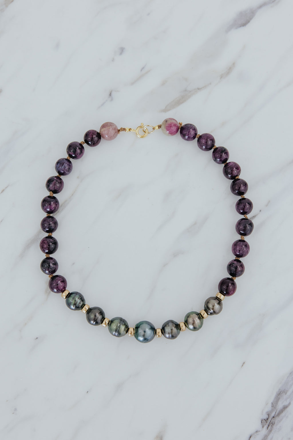 Wings Hawaii Ruby and Tahitian pearl beaded necklace. Fine jewelry handcrafted in Maui. 14k gold-filled findings and spacer beads. 