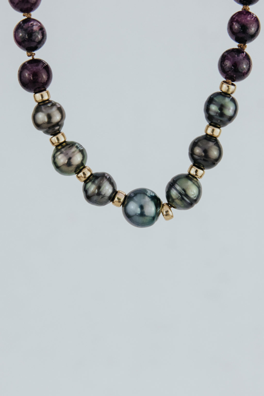 Wings Hawaii Ruby and Tahitian pearl beaded necklace. Fine jewelry handcrafted in Maui. 14k gold-filled findings and spacer beads. 