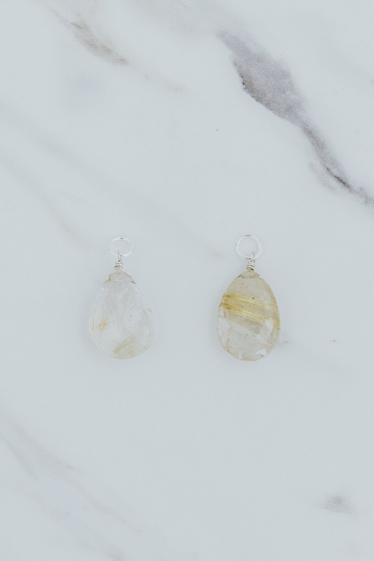Wings Hawaii rutilated quartz gemstone earring charms in sterling silver. Fine jewelry handmade in Maui. Charm Bar mix match create your own luxury charm hoop earrings. 