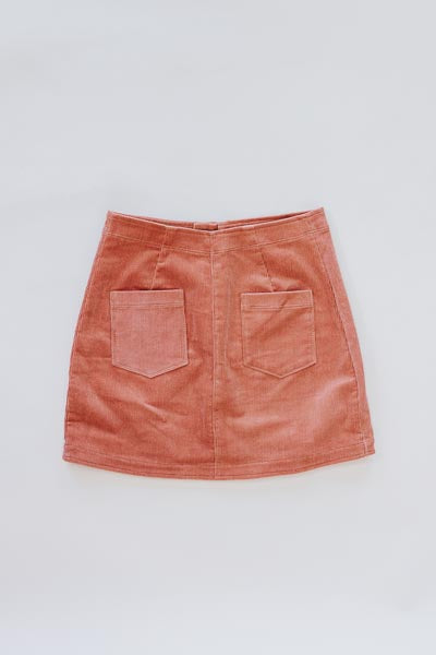 Wings Hawaii Retro Pocket A-Line Mini Skirt in Coral Corduroy - back pockets