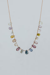 Wings Hawaii sapphire crown jewels necklace in 14k rose gold. A rainbow display of various Sapphire gemstone hues. Fine jewelry handmade in Maui. Unique handcrafted gifts from Hawaii.  thumbnail