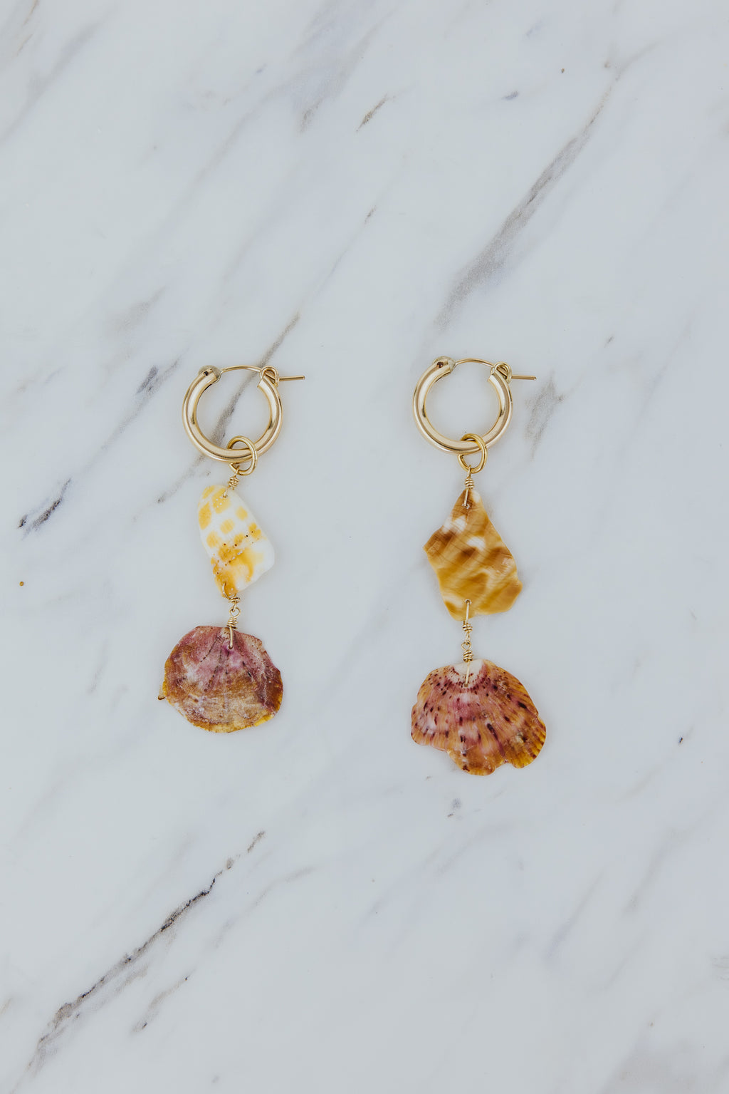 Wings Hawaii Shell Chip + Scallop Drop hoop Earrings in 14k gold-fill. Authentic Hawaiian shell jewelry handmade in Maui. 