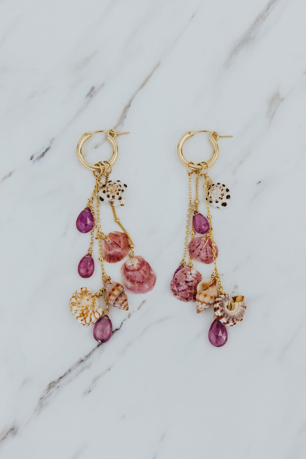 Shell Pile Charm Hoops | Tourmaline + Spiny Scallop