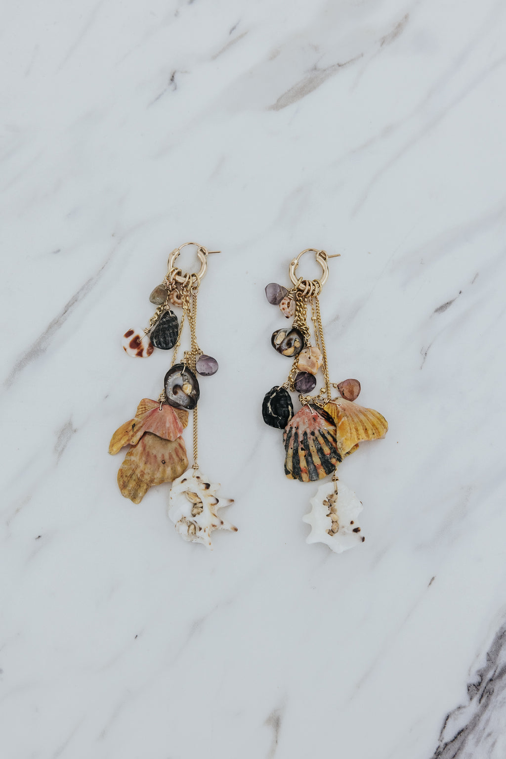 Wings Hawaii Shell Pile Charm Hoops earrings in 14k gold-fill with real Hawaiian beach shells and spinel beads. Fine jewelry handmade in Maui. 