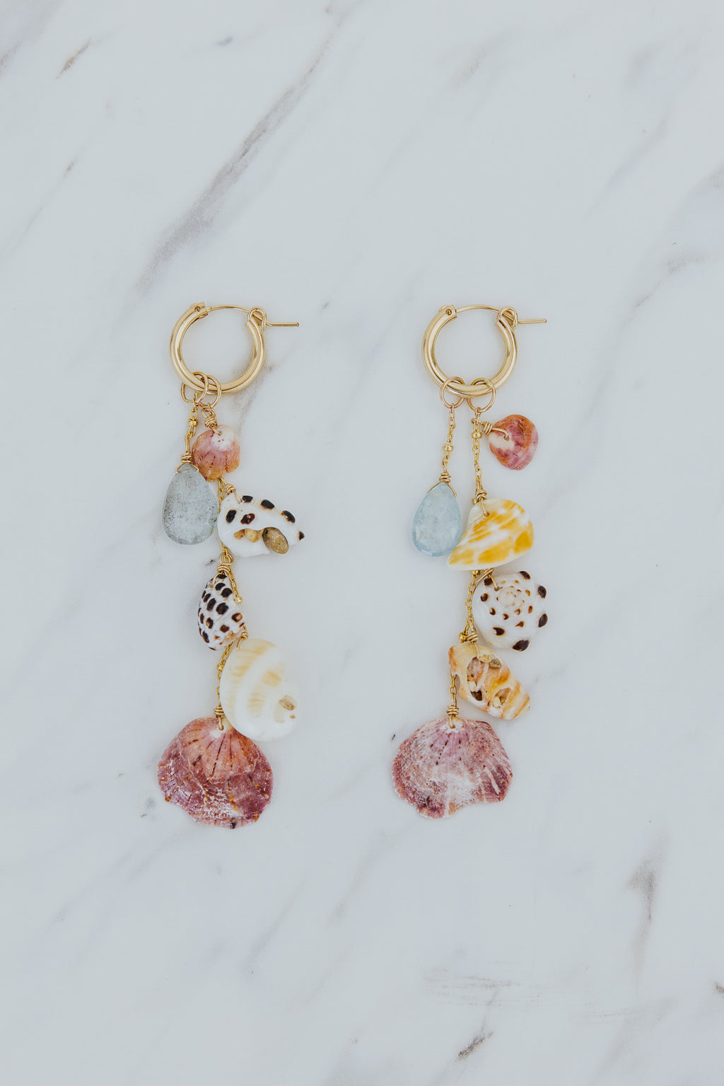 Shell Pile Charm Hoops | Shell Mix + Aquamarine