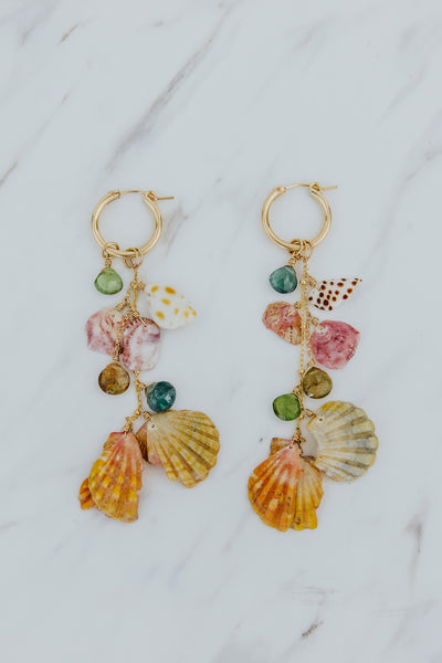 Shell Pile Charm Hoops | Sunrise , Scallop + Tourmaline