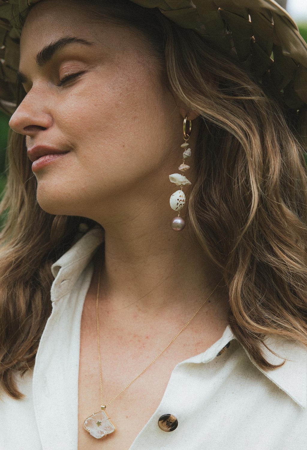 Wings Hawaii Mix Match Charm Hoops with real Hawaiian shells and pink freshwater pearls. Asymmetrical beachy mermaid earrings. Fine jewelry handmade in Maui. 