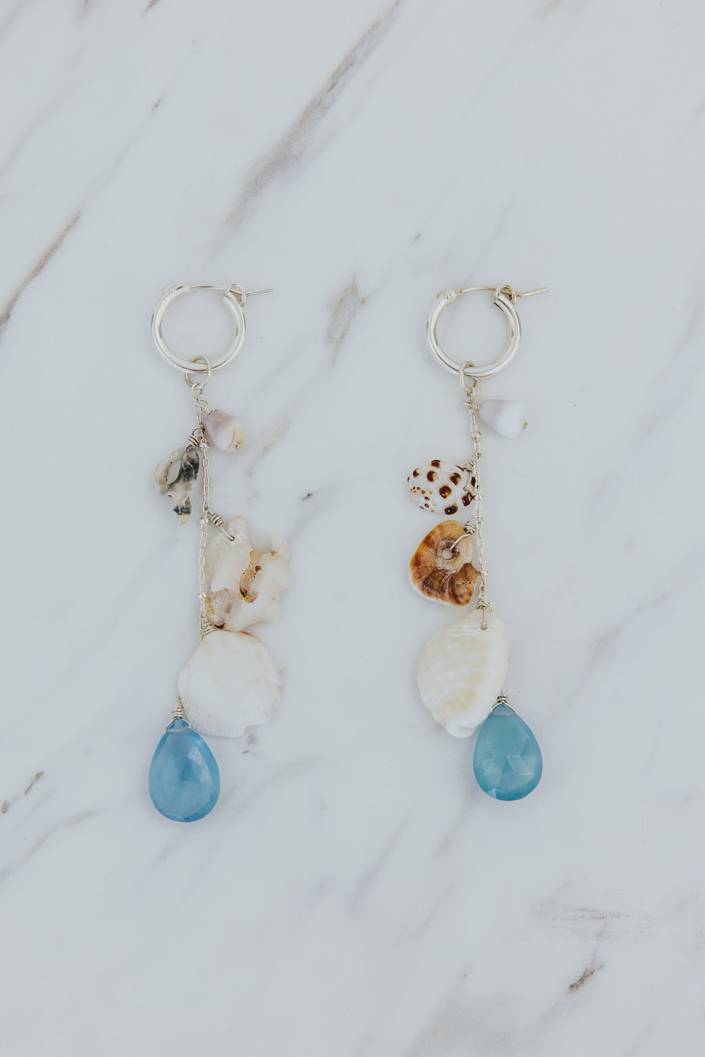 Shell Pile Charm Hoops - Shell Mix +Aquamarine | SS