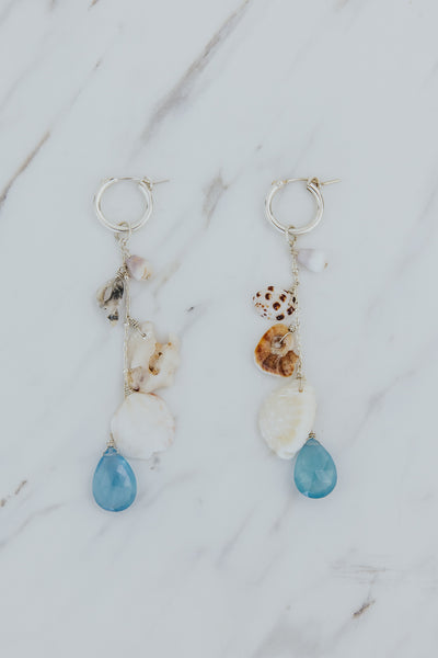 Shell Pile Charm Hoops - Shell Mix +Aquamarine | SS