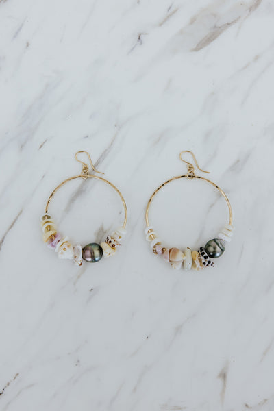 Shell Lei Hoop Earrings - Tahitian Pearl
