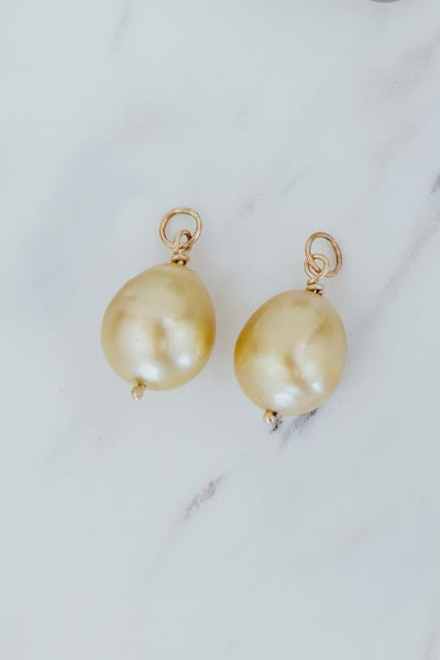 Wings Hawaii Golden South Seas Pearl earring charms in solid 14k yellow gold. Fine jewelry handmade with aloha in Maui. Made to pair with Charm Bar Mix + Match Hoop Earrings, sold separately.