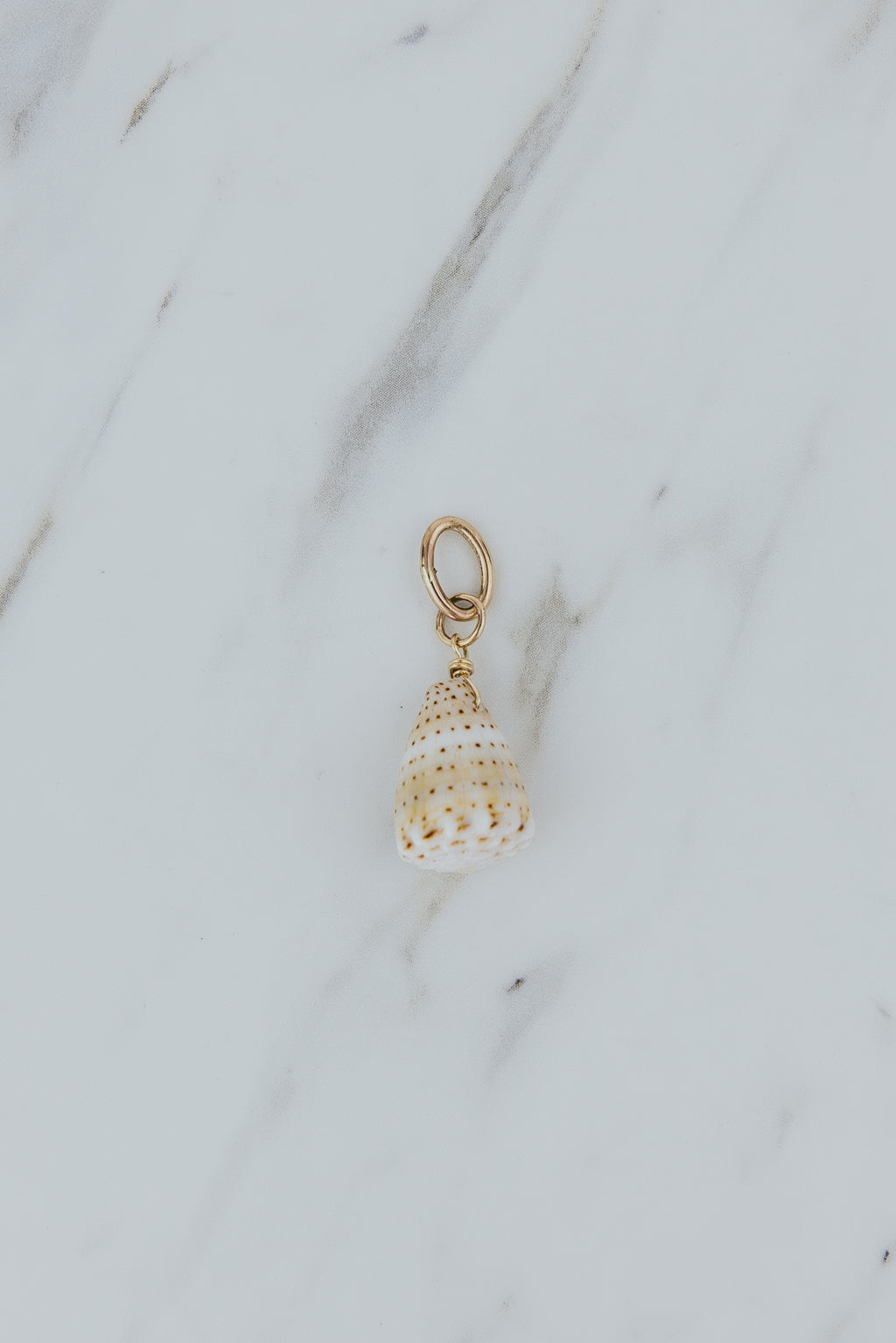 Wings Hawaii abbreviated spotted cone shell necklace charm in 14k gold-fill. Authentic Hawaiian seashells. Modern boho beachy chic shell jewelry handcrafted with aloha in Maui. 
