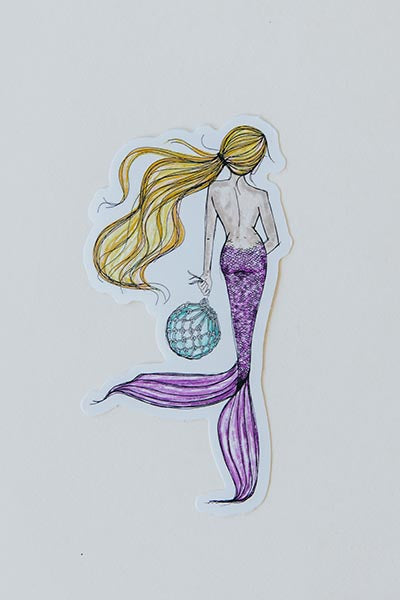 Wings Hawaii glass float mermaid sticker - blonde hair purple tail 
