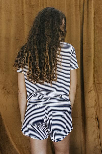 wings hawaii vintage stripe tee in blue with matching pau hana shorts