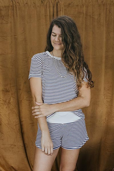 wings hawaii vintage stripe tee in blue with matching pau hana shorts