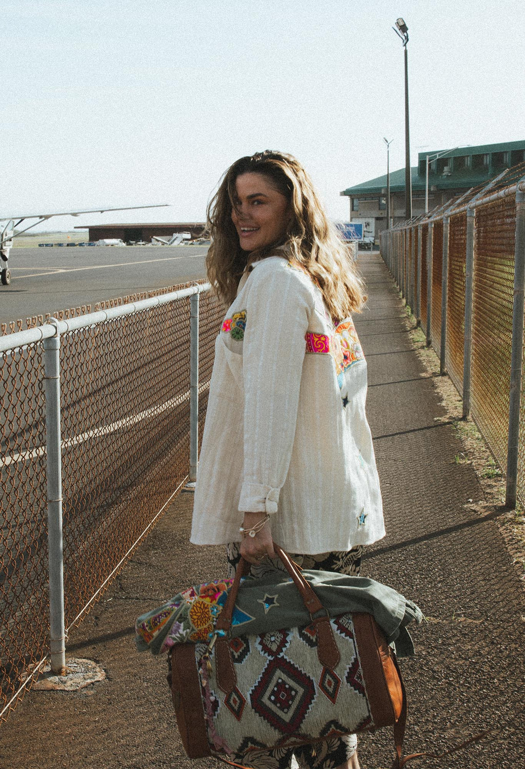 Wings Hawaii Stripe Paragon Shirt in linen stripe. Sun + Moon collages in vintage aloha fabric. One of a kind, small batch, sustainable apparel handmade in Maui. 