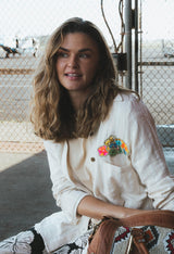 Wings Hawaii Stripe Paragon Shirt in linen stripe. Sun + Moon collages in vintage aloha fabric. One of a kind, small batch, sustainable apparel handmade in Maui.  thumbnail