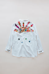 Wings Hawaii sun + moon linen blouse in white. Long sleeve shirt with side pockets. Handmade and upcycled with vintage aloha fabrics. Handcrafted in Maui with aloha. Small batch, sustainable, high quality women's apparel made in Hawaii.  thumbnail