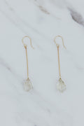Wings Hawaii sunstone drop chain earrings in 14k yellow gold. Fine jewelry handmade in Maui. Modern minimalist elegant dangle earrings. 
