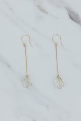Wings Hawaii sunstone drop chain earrings in 14k yellow gold. Fine jewelry handmade in Maui. Modern minimalist elegant dangle earrings. 