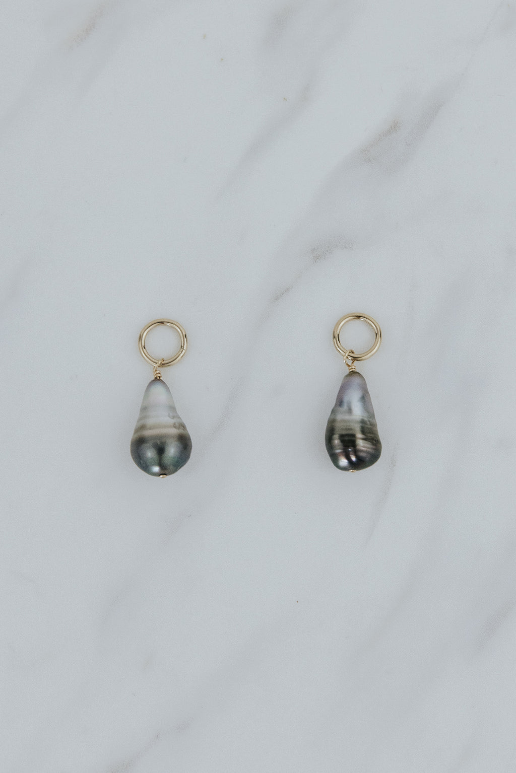 Wings Hawaii Tahitian pearl earring charms in 14k gold-filled. Keshi teardrop, silver, baroque, and round varieties. Fine jewelry handmade in Maui. 