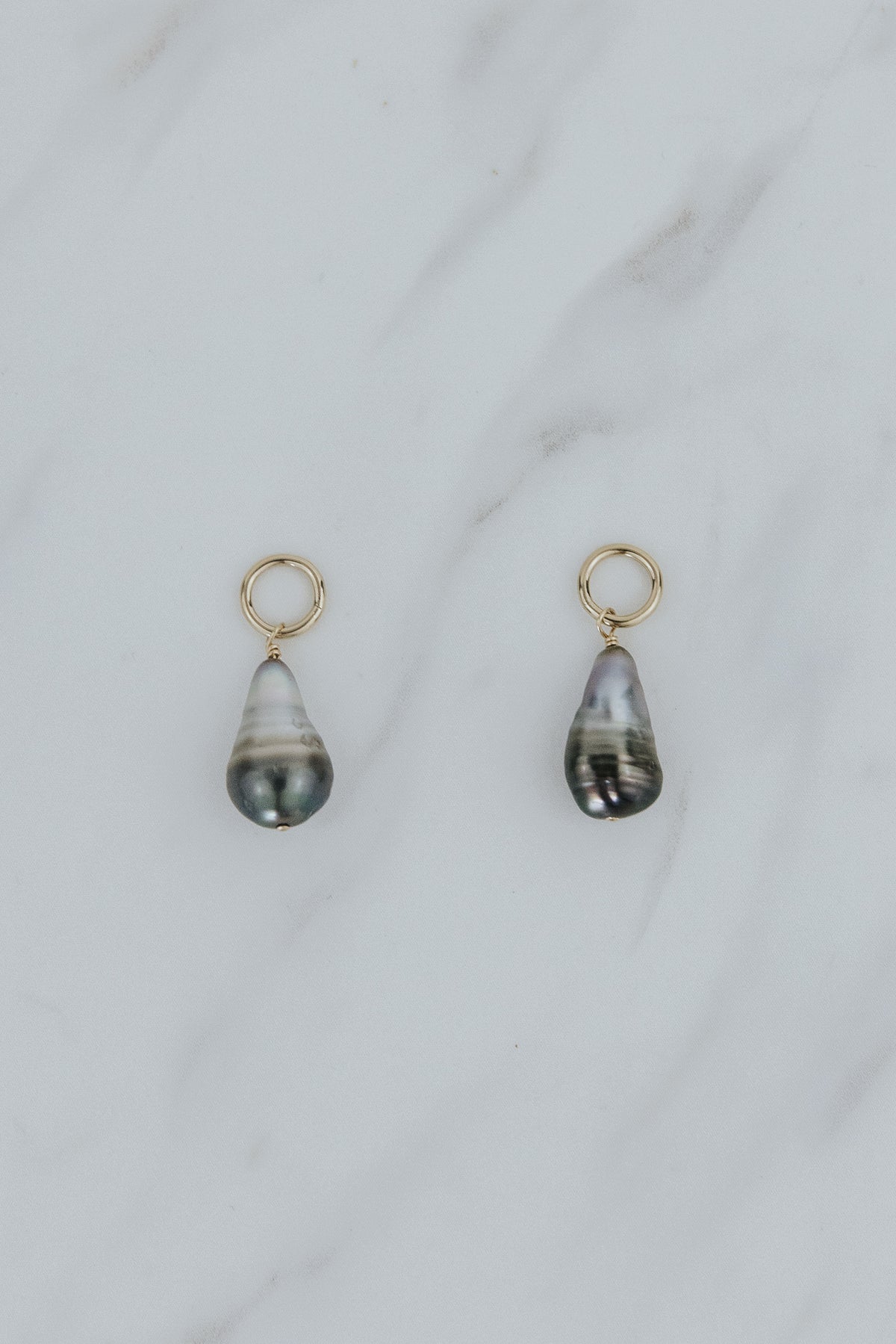 Wings Hawaii Tahitian pearl earring charms in 14k gold-filled. Keshi teardrop, silver, baroque, and round varieties. Fine jewelry handmade in Maui. 