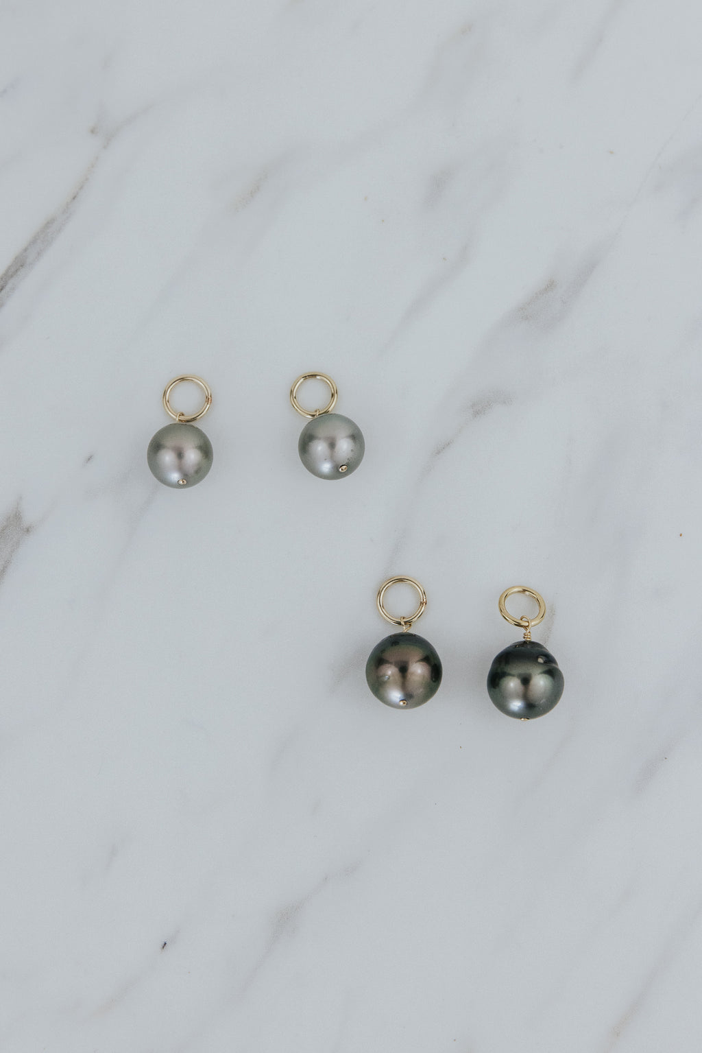 Wings Hawaii Tahitian pearl earring charms in 14k gold-filled. Keshi teardrop, silver, baroque, and round varieties. Fine jewelry handmade in Maui. 