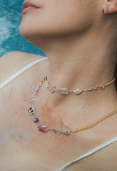 Wings Hawaii Multi Charm Talisman Necklace Extender with Australian Opal, Kunzite, Herkimer diamonds, Moonstone, and Mexican Fire Opal in mixed metals, solid 14k gold and sterling silver. Fine jewelry handcrafted in Maui. Endless custom styling possibilities. Mix and match with different length chains for chokers or longer necklaces.