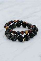 Wings Hawaii Tigers Eye and obsidian stretchy beaded bracelets with 14k gold-filled tag. Crystal chakra healing. Boho-chic spiritual jewelry hand made in Maui. thumbnail