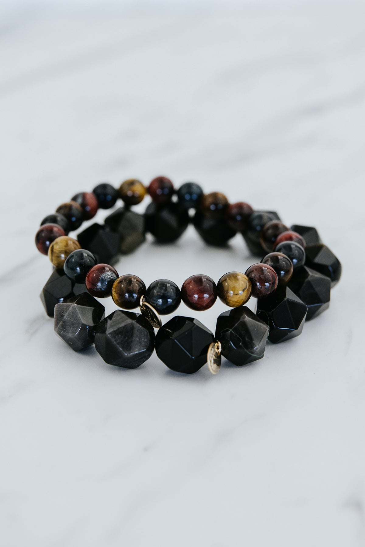 Wings Hawaii Tigers Eye and obsidian stretchy beaded bracelets with 14k gold-filled tag. Crystal chakra healing. Boho-chic spiritual jewelry hand made in Maui.