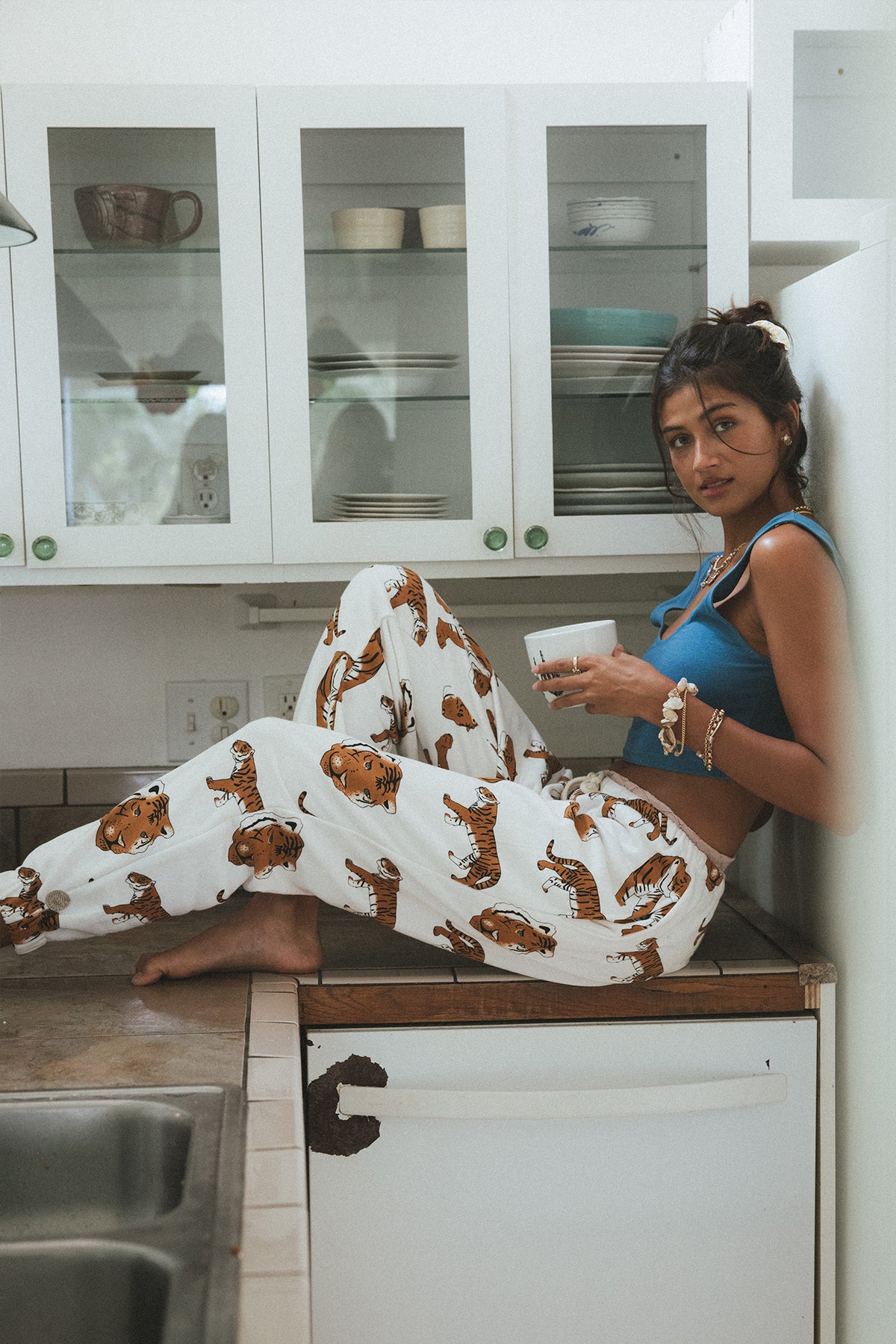 Wings Hawaii women's tiger print sweatpants. Small batch, sustainable, original artwork clothing designed in Maui, sewn in Bali. 