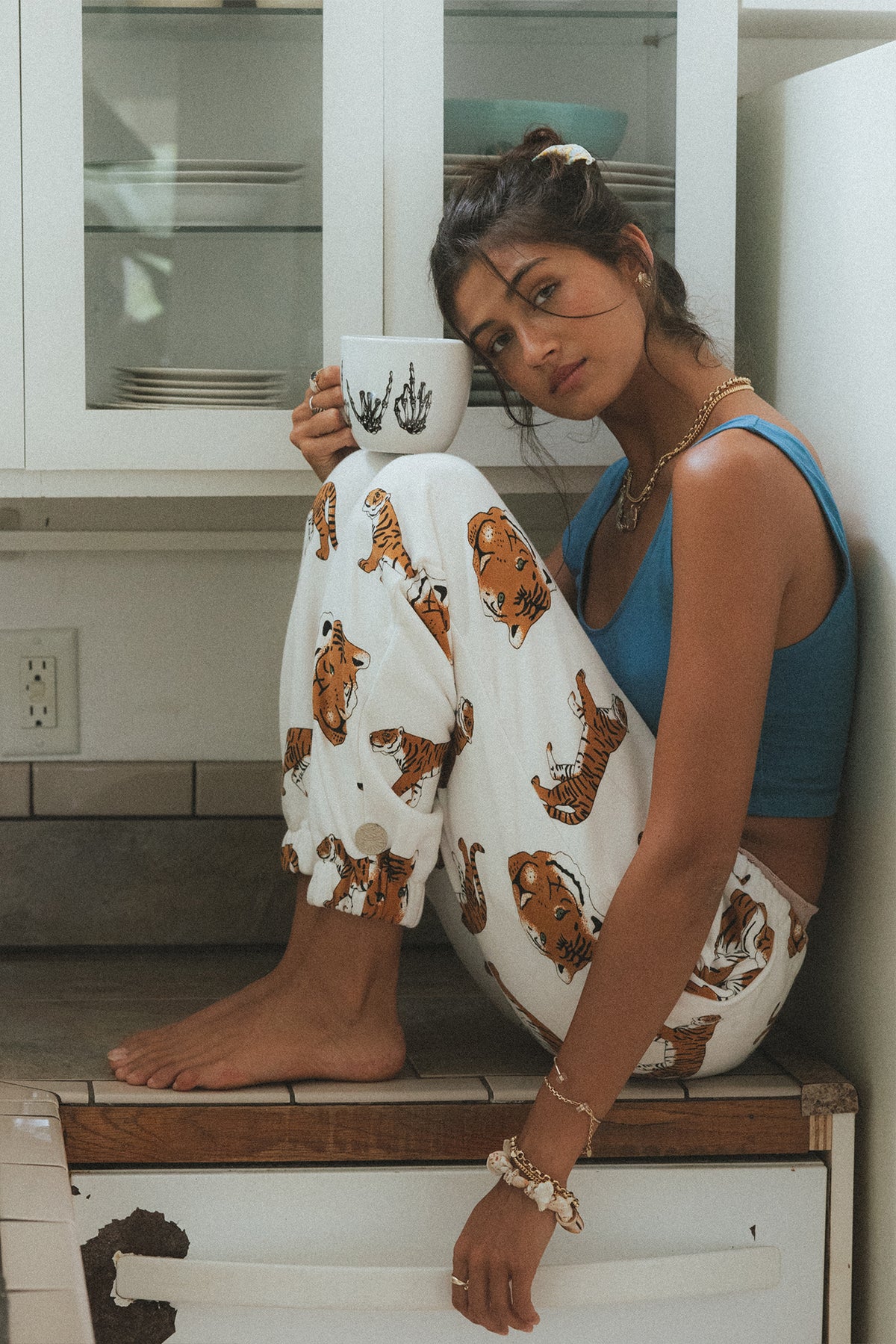 Wings Hawaii women's tiger print sweatpants. Small batch, sustainable, original artwork clothing designed in Maui, sewn in Bali. 