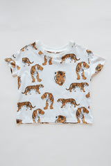 Wings Hawaii women's tiger print tee in hemp. Small batch, sustainable, eco-conscious clothing. Original artwork by Wings Hawaii designed in Maui, sewn in Bali.  thumbnail