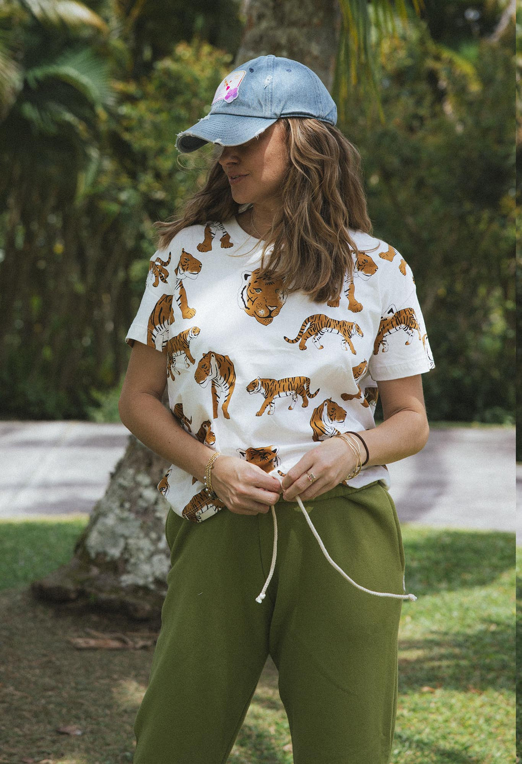 Wings Hawaii Wandering Tiger print organic tee. Original artwork women's t-shirt designed in Maui. 